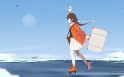  animal_on_head bag blush braid breasts briefcase brown_hair crossover day female from_side holding ice jacket kantai_collection long_hair long_sleeves miffy miffy_(character) on_head orange_footwear orange_jacket outdoors pantyhose pleated_skirt profile rabbit rabbit_on_head rudder_footwear shin_(new) shoulder_bag sidelocks single_braid skirt sky small_breasts souya_(kancolle) souya_agb_(kancolle) water white_legwear white_skirt 