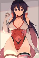  black_eyes black_hair breasts cleavage closed_mouth colored_inner_hair commentary_request copyright_request elbow_gloves female gloves highleg highleg_leotard highres large_breasts leotard long_hair looking_at_viewer multicolored_hair oerba_yun_fang red_hair solo spring2013 standing thighhighs thighs two-tone_hair white_gloves white_thighhighs 