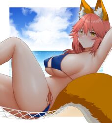  animal_ear_fluff animal_ears arind_yudha arm_up armpits bikini blue_bikini blue_sky blush border breasts cloud cloudy_sky commentary covered_nipples fate/grand_order fate_(series) female fox_ears fox_girl fox_print fox_tail hair_between_eyes hammock highres knee_up large_breasts legs lips long_hair looking_at_viewer lying ocean orange_tail orange_trim outdoors outside_border pink_hair puffy_nipples side-tie_bikini_bottom sideboob sky solo swimsuit tail tamamo_(fate) tamamo_no_mae_(swimsuit_lancer)_(fate) tamamo_no_mae_(swimsuit_lancer)_(third_ascension)_(fate) thighs underboob white_border yellow_eyes 