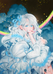  blue_eyes blue_ribbon blue_theme bow clenched_hand closed_mouth cloud cloud_background commentary_request curly_hair dark_background dark_clouds darkness dress dress_bow eyelashes feet_out_of_frame female frilled_dress frills hair_between_eyes hair_ribbon half-closed_eyes hand_on_own_chin hand_on_own_knee happy head_rest highres legs_together light_smile lips long_hair long_sleeves looking_at_viewer original pale_skin puffy_dress puffy_long_sleeves puffy_sleeves rainbow ribbon sitting solo sottan_(wowo0owow) star_(symbol) tareme very_long_hair white_dress white_hair white_theme 