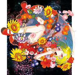  :d aerial_fireworks bad_id bad_pixiv_id blush bobby_socks commentary_request female fireworks flower full_body green_hair hibiscus kazami_yuuka knees_together_feet_apart lace mary_janes morning_glory okari open_mouth parasol passion_flower red_eyes red_footwear shoes short_hair skirt smile socks solo sunflower touhou umbrella upside-down upskirt vest 