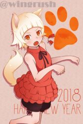  2018 :o animal_ears bakemonogatari blonde_hair blunt_bangs commentary_request dress female fooring fox_ears fox_tail happy_new_year kizumonogatari looking_at_viewer monogatari_(series) new_year oerba_yun_fang oshino_shinobu paw_pose paw_print paw_print_background short_hair sleeveless sleeveless_dress solo sound_effects string_bowtie tail twitter_username v-shaped_eyebrows yellow_eyes 