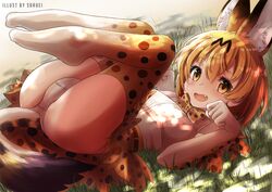  :d animal_ears artist_name bad_id bad_pixiv_id blonde_hair blush bow bowtie brown_eyes dappled_sunlight extra_ears eyebrows_visible_through_hair from_side full_body grass hair_between_eyes kemono_friends looking_at_viewer lying oerba_yun_fang on_back on_ground open_mouth panties paw_pose plantar_flexion saruei serval_(kemono_friends) serval_ears serval_print serval_tail shirt skirt sleeveless sleeveless_shirt smile solo sunlight tail thighhighs underwear white_panties 