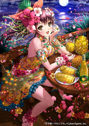  armband bracelet breasts brown_eyes cleavage commentary_request dress drink earrings female flower food food-themed_clothes food-themed_earrings food-themed_hair_ornament fruit hair_flower hair_ornament hair_ribbon hibiscus jewelry long_hair medium_breasts moon necklace night ocean official_art petals pineapple pineapple_earrings pineapple_hair_ornament ponytail purple_hair ribbon ring sakiyamama sandals sitting sky smile solo table tenkuu_no_crystalia water 