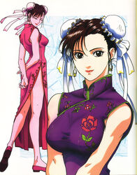  ass bare_arms black_eyes breasts brown_hair capcom china_dress chinese_clothes chun-li closed_eyes double_bun dress earrings feet female full_body highres jewelry large_breasts legs lipstick looking_at_viewer makeup murase_shuko qipao shoes short_hair sideboob sleeveless smile solo standing street_fighter thighs 