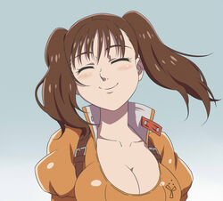  ^_^ blush breasts brown_hair buckle cleavage closed_eyes collarbone commentary_request diane_(nanatsu_no_taizai) female highres large_breasts long_hair nanatsu_no_taizai pitecube puffy_sleeves shiny_clothes short_sleeves smile solo twintails upper_body 