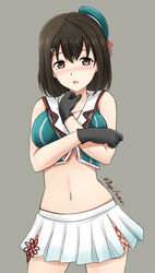  alternate_costume bare_shoulders beret black_gloves blush breasts brown_hair commentary_request cosplay cowboy_shot crop_top female fuuma_nagi gloves grey_background haguro_(kancolle) hair_ornament hairclip hat kantai_collection large_breasts looking_at_viewer maya_(kancolle) maya_(kancolle)_(cosplay) maya_kai_ni_(kancolle) maya_kai_ni_(kancolle)_(cosplay) midriff mini_hat miniskirt navel open_mouth pleated_skirt short_hair simple_background skirt solo tears white_skirt 