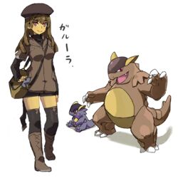  1:1 alternate_species ambiguous_gender anthro baby_kangaskhan bag blush boots breasts brown_hair clothing female footwear generation_1_pokemon generation_6_pokemon group hair hat headgear headwear hi_res human humanized japanese_text kangaskhan kusanagikaworu legwear looking_at_viewer mammal marsupial mega_evolution mega_kangaskhan nintendo open_mouth pokemon pokemon_(species) red_eyes simple_background smile socks text young young_ambiguous young_anthro 