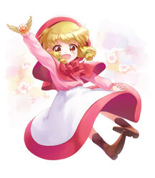  :d akazukin_chacha amulet apron arm_at_side arm_up blonde_hair blush boots brown_eyes brown_footwear chacha_(akazukin_chacha) cloak commentary_request cross-laced_footwear dot_nose eyelashes female floating floral_background flower full_body hair_ornament holding hood lolicon long_skirt long_sleeves looking_at_viewer low_twintails moai_(aoh) neck_ribbon open_mouth photoshop_(medium) pink_shirt puffy_sleeves red_hood red_ribbon red_skirt ribbon shirt shoe_soles short_hair skirt smile solo tareme twintails waist_apron white_apron white_background 