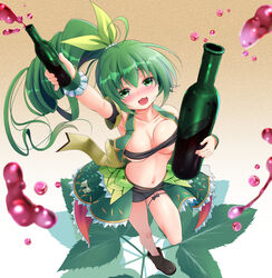  :d alcohol bandeau black_footwear black_shorts blush bottle bow breasts chisato_(missing_park) cleavage collarbone commentary_request drunk female flower_knight_girl frilled_wrist_cuffs frills full_body green_bow green_eyes green_hair green_vest green_wrist_cuffs hairbow holding holding_bottle hop_(flower_knight_girl) large_breasts leaf long_hair looking_at_viewer navel open_mouth ponytail raised_eyebrows shoes short_shorts shorts smile solo standing standing_on_one_leg unaligned_breasts underboob vest wine wine_bottle wrist_cuffs 