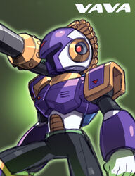  1boy android bad_id bad_pixiv_id capcom character_name commentary_request green_background helmet highres male_focus mega_man_(series) mega_man_x1 mega_man_x_(series) photoshop_(medium) robot shoulder_cannon solo tonami_kanji vile_(mega_man) weapon 