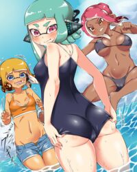  3girls adjusting_clothes adjusting_swimsuit agent_3_(splatoon) agent_4_(splatoon) agent_8_(splatoon) aqua_hair ass bikini black_bikini blue_eyes blue_shorts blue_sky blunt_bangs blush bob_cut breasts cameltoe cloud cloudy_sky commentary dark-skinned_female dark_skin day denim denim_shorts female_pervert flying_kick from_behind frown grimace headgear highres horizon inkling inkling_girl inkling_player_character kicking large_breasts long_hair looking_at_another looking_back motion_lines multiple_girls navel ocean octoling octoling_girl octoling_player_character oerba_yun_fang open_clothes open_fly open_mouth open_shorts orange_bikini orange_hair outdoors penguin_maru_(penginmaru) pervert purple_eyes red_eyes red_hair school_swimsuit short_hair shorts skindentation sky small_breasts smile splatoon_(series) squidbeak_splatoon standing suction_cups swimsuit tan tentacle_hair thigh_gap unaligned_breasts wading water wet 