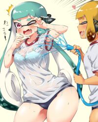  2girls ^^^ agent_3_(splatoon) agent_4_(splatoon) aqua_hair black_buruma blunt_bangs blush bow bow_bra bra bralines breasts buruma commentary covered_navel emphasis_lines facing_another frown gym_shirt gym_uniform headgear heart highres holding holding_hose hose inkling inkling_girl inkling_player_character lace-trimmed_bra lace_trim long_hair looking_at_another medium_breasts multiple_girls oerba_yun_fang one_eye_closed open_mouth orange_hair penguin_maru_(penginmaru) pointy_ears purple_eyes see-through shirt short_hair short_sleeves smile splashing splatoon_(series) standing t-shirt tan tentacle_hair translated underwear water wet wet_clothes wet_shirt white_shirt 