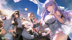  3girls arm_up azur_lane bird black_hair blue_sky breasts cleavage dress floating_hair fur_trim hair_ornament harbin_(azur_lane) high_ponytail highres holding holding_polearm holding_weapon horns large_breasts loading_screen manjuu_(azur_lane) medium_breasts milin_(orange_maru) multiple_girls official_art outdoors pink_hair plymouth_(azur_lane) polearm prinz_rupprecht_(azur_lane) purple_eyes purple_hair sideboob sky standing thighhighs thighs weapon yellow_eyes zettai_ryouiki 