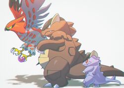  bad_id bad_twitter_id bird claws closed_mouth commentary_request highres holding kangaskhan life_orb mega_kangaskhan mega_pokemon no_humans oerba_yun_fang pokemon pokemon_(creature) red_eyes saiku_(zvlku) standing talonflame talons 