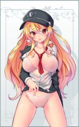  :p between_breasts black_shirt blonde_hair blush border bra breasts breasts_apart commentary cowboy_shot dungeon_and_fighter female female_gunner_(dungeon_and_fighter) grey_background grey_border hat highres large_breasts legs_apart long_hair looking_at_viewer middle_finger necktie necktie_between_breasts open_clothes open_shirt outside_border panties peaked_cap popped_collar ranken red_eyes red_necktie shadow shirt solo standing symbol-only_commentary tongue tongue_out underwear white_bra white_panties white_shirt 