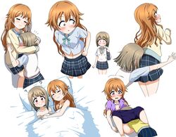  2girls :3 ? accident accidental_pervert bed blazer blush breast_press breasts clothes_pull collarbone crescent crescent_hair_ornament flying_sweatdrops grabbing grabbing_another&#039;s_breast hair_ornament highres hug jacket konoe_kanata light_brown_hair long_hair love_live! love_live!_nijigasaki_high_school_idol_club medium_breasts multiple_girls nakasu_kasumi nijigasaki_school_uniform nude on_bed open_mouth orange_hair pillow pink_eyes purple_eyes school_uniform short_hair shorts simple_background skirt skirt_pull sleeping slipping star_(symbol) star_hair_ornament takeru-1103-murai under_covers unlikely_accident white_background yuri 