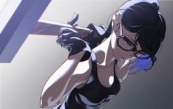  absurdres bare_shoulders black-framed_eyewear black_gloves black_hair black_tank_top breasts cleavage closed_mouth commentary dutch_angle female glasses gloves half-closed_eyes hammer highres holding holding_hammer long_hair looking_at_viewer marui_(fxxstate_ofmind) medium_breasts minakata_hizuru mole mole_under_mouth ponytail purple_eyes solo summertime_render tank_top upper_body 