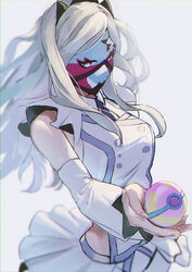  absurdres amoi_(amoi6v6) bad_id bad_pixiv_id bare_shoulders blonde_hair blurry bright_pupils commentary_request detached_sleeves eri_(pokemon) facepaint female fingernails grey_eyes heal_ball highres hip_vent holding holding_poke_ball long_hair parted_bangs parted_lips poke_ball pokemon pokemon_sv smile solo team_star vest white_background white_pupils white_vest 