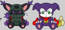  anthro banana bandai_namco bandana black_body black_fur blackgatomon blackgatomon_uver. chibi claws demon digimon digimon_(species) digimon_ghost_game domestic_cat duo felid feline felis food fruit fur impmon kerchief mammal misterhardgrind pawpads pink_pawpads plant purple_body 