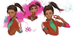  apex_legends artist_name brown_eyes brown_eyeshadow brown_hair chibi dark-skinned_female dark_skin earrings facial_mark female floating_hair forehead_mark green_sweater hair_behind_ear iwamoto_zerogo jewelry jumpsuit looking_to_the_side one_eye_closed orange_jumpsuit ponytail rampart_(apex_legends) smile sweater tooth_gap white_background 