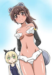  2girls 30_minutes_sisters animal_ears arms_behind_back bear_ears bikini black_gloves blonde_hair blush breasts breasts_apart brown_eyes brown_hair dark-skinned_female dark_skin doll_joints elbow_gloves fake_animal_ears gloves green_eyes highres jitome joints komagoma looking_at_viewer luluce_(30ms) mechanical_ears medium_breasts medium_hair multiple_girls navel open_mouth short_hair smile swimsuit tiasha_(30ms) white_bikini 