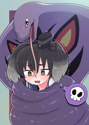  @_@ anchor_symbol arbok black_eyes black_hair blue_sailor_collar blush brown_eyes commentary_request commission constriction crossover fangs female forked_tongue grey_hair hat ino_(tellu0120) kantai_collection mini_hat multicolored_hair open_mouth pokemon pokemon_(creature) sailor_collar simple_background skeb_commission skull spoken_skull sweat tokitsukaze_(kancolle) tongue 