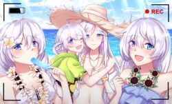  4girls :d antenna_hair bare_shoulders beach bikini blue_eyes blue_sky braid braided_ponytail breasts camera cecilia_schariac cleavage cloud cloudy_sky day double_bun dress eating flower food food_in_mouth green_jacket hair_between_eyes hair_bun hair_flower hair_ornament hat highres holding holding_food honkai_(series) honkai_impact_3rd hug ice_cream jacket kallen_kaslana kiana_kaslana kiana_kaslana_(knight_moonbeam) komitaki long_hair looking_at_viewer multiple_girls ocean one_eye_closed open_mouth outdoors popsicle recording short_sleeves sky smile straw_hat summer summer_uniform sundress sunflower swimsuit theresa_apocalypse theresa_apocalypse_(valkyrie_pledge) white_bikini white_flower white_hair 