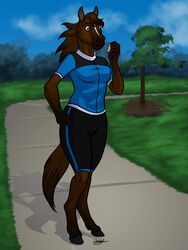  2019 3:4 anthro athletic_wear black_bottomwear black_clothing black_fingernails black_nails blue_clothing blue_eyes blue_jacket blue_topwear bottomwear brown_body brown_hair clothed clothing cloud colored_nails digital_media_(artwork) equid equine female fingernails grass hair hi_res hooves horse jacket jakkal lindsey_(arrow_quivershaft) mammal nails park plant signature solo standing topwear training tree 