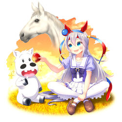  0_0 2others animal_ears apple blue_eyes bow bowtie buck_teeth chibi collarbone commentary creature_and_personification drooling ear_covers female food fruit grey_hair hairband headband highres historical_name_connection holding holding_food holding_fruit horse horse_ears horse_girl horse_tail horseshoe_ornament indian_style loafers long_hair midori_makibaoo midori_no_makibaoo miniskirt multiple_others name_connection oerba_yun_fang pleated_skirt puffy_short_sleeves puffy_sleeves purple_shirt real_life sailor_collar sailor_shirt school_uniform shirt shoes short_sleeves sitting skirt sparkle sugimotty_nova summer_uniform tail tamamo_cross_(racehorse) tamamo_cross_(umamusume) teeth thighhighs tracen_school_uniform umamusume white_skirt white_thighhighs 