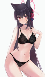  alternate_costume animal_ears bad_id bad_pixiv_id black_bra black_hair black_panties blue_archive blush bra breasts cleavage collarbone commentary_request commission female grey_background hair_between_eyes halo headphones headset highres long_hair looking_at_viewer medium_breasts miyai_(myai04) navel panties parted_lips red_eyes red_halo simple_background skeb_commission solo stomach thighs underwear underwear_only yukino_(blue_archive) 