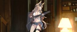  animal_ears blonde_hair blue_eyes blue_shorts breasts brown_jacket cleavage collarbone collared_shirt commentary_request cutoffs denim desk_lamp dog_ears dress_shirt female girls&#039;_frontline goggles goggles_on_head gun halloween_(movie) holding holding_gun holding_weapon indoors jacket lamp large_breasts long_hair long_sleeves m500_(girls&#039;_frontline) midriff mossberg_500 navel open_clothes open_jacket parody pump_action scene_reference shield shirt short_shorts shorts shotgun shotgun_shell solo sweat tab_(tabkun) thigh_strap tied_shirt weapon white_shirt 