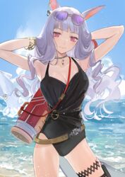  animal_ears armpits arms_up beach black_one-piece_swimsuit blunt_bangs blush bracelet breasts cleavage eyewear_on_head female giant_squid gold_ship_(run_revolt_launcher)_(umamusume) gold_ship_(umamusume) head_tilt highres horse_ears horse_girl horse_tail jewelry large_breasts light_purple_hair long_hair looking_at_viewer official_alternate_costume one-piece_swimsuit outdoors red_hair smile solo swimsuit tail takashi_(huzakenna) thigh_strap tinted_eyewear umamusume very_long_hair wavy_hair 