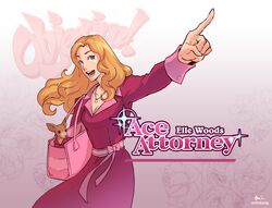  absurdres anh_dang bag blue_eyes bow canine character_name chihuahua copyright_name dress elle_woods female gyakuten_saiban handbag highres legally_blonde logo_parody long_hair objection open_mouth parody pink_bow pointing red_dress smile solo trait_connection 