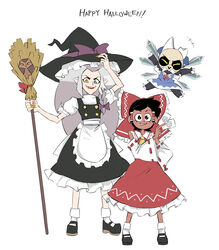  1boy 2girls absurdres black_hair bow broom cirno cirno_(cosplay) cosplay dark-skinned_female dark_skin edalyn_clawthorne eyelashes floating glyph grey_hair grin hairbow hakurei_reimu hakurei_reimu_(cosplay) happy_halloween hat heterochromia highres king_clawthorne kirisame_marisa kirisame_marisa_(cosplay) looking_at_viewer luz_noceda multiple_girls oerba_yun_fang owlbert_(the_owl_house) pointy_ears shizuka_(tohrkgk) short_hair simple_background smile tarot tarot_(card) the_owl_house touhou witch_hat 