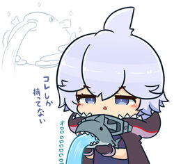  animal animal_hood asimo953 azur_lane black_one-piece_swimsuit blush brown_cloak brown_gloves chibi cloak commentary_request cross female fish gloves grey_eyes grey_hair hair_flaps holding holding_animal holding_fish hood hooded_cloak iron_cross meme one-piece_swimsuit puffer_fish puffer_fish_vomiting_water_(meme) shark shark_hood sharp_teeth sidelocks simple_background solo sparkle spitting swimsuit teeth translated triangle_mouth u-110_(azur_lane) upper_body water white_background 