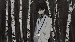  1boy absurdres birch_tree black_hair closed_mouth forest grey_eyes hands_in_pockets highres hirota_tsuu lab_coat long_sleeves male_focus name_tag nature original outdoors solo standing tree turtleneck upper_body usuzumi_kei 