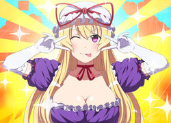  absurdres arms_up blonde_hair blush breasts choker cleavage closed_mouth cloud_background collarbone double_v dress elbow_gloves female frilled_dress frills from_side gloves hands_up hat hat_ribbon highres kyoukyan large_breasts light_rays looking_at_viewer mob_cap one_eye_closed patterned_background puffy_short_sleeves puffy_sleeves purple_dress purple_eyes red_ribbon ribbon ribbon_choker shiny_skin short_sleeves smile solo sparkle tongue tongue_out touhou upper_body v white_gloves yakumo_yukari 