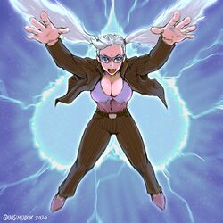  absurdres aegis_reflector alternate_hair_color arms_up belt bespectacled blue_eyes breasts cleavage commentary cosplay electricity energy_ball english_commentary female forehead_jewel formal full_body glasses grey_hair grey_suit highres large_breasts long_hair motion_blur oerba_yun_fang pants pinstripe_jacket pinstripe_pants pinstripe_pattern pinstripe_suit plunging_neckline pointy_footwear purple_shirt quasimodox rainbow_mika shirt solo street_fighter street_fighter_v striped suit twintails urien urien_(cosplay) very_long_hair 