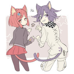  accessory animal_humanoid bottomwear cat_humanoid clothed clothing danganronpa danganronpa_v3 digital_media_(artwork) duo felid felid_humanoid feline feline_humanoid female fully_clothed hair hair_accessory himiko_yumeno humanoid kerchief kokichi_oma light_body light_skin looking_at_viewer looking_back looking_back_at_viewer male mammal mammal_humanoid neckerchief paw_pose pose prick_ears purple_eyes purple_hair purple_tail rear_view red_eyes red_hair red_tail simple_background skirt smile source_request spike_chunsoft tail topwear unknown_artist 