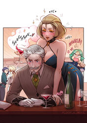  2boys 3girls absurdres alcohol anger_vein blonde_hair blue_hair blush bottle breast_press breasts brown_hair catherine_(fire_emblem) cleavage cocktail_glass commentary cup dress drinking_glass drunk english_commentary english_text facial_hair fire_emblem fire_emblem:_three_houses floof_n_wool gloves goatee green_hair grey_hair hanneman_von_essar highres leaning_on_person manuela_casagranda moustache multiple_boys multiple_girls seteth_(fire_emblem) shamir_nevrand side_slit speech_bubble squeans wine wine_bottle wine_glass 