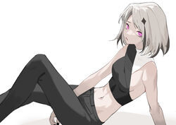  absurdres bare_arms between_legs black_hair black_nails black_pants black_shirt breasts commentary crop_top english_commentary female grey_hair hand_between_legs highres krin_(krinnin) looking_at_viewer midriff mole mole_under_eye multicolored_hair navel original pants parted_lips pink_eyes shirt short_hair sitting sleeveless sleeveless_shirt small_breasts solo streaked_hair white_background 