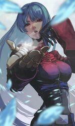  belt blue_hair bodysuit breasts breath female formal gauss_&lt;bokashi gloves highres ice kula_diamond long_hair looking_at_viewer mechanical_gloves open_mouth purple_suit red_eyes serious small_breasts solo suit the_king_of_fighters upper_body 