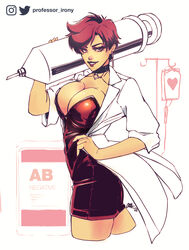  alan_graham black_choker black_dress blood_type breasts chimatsuri_chihiro choker cleavage cropped_legs dress female highres intravenous_drip lab_coat large_breasts lipstick looking_at_viewer makeup oversized_object red_hair short_hair solo standing syringe twisted_torso twitter_username vlad_love 