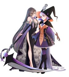  2girls absurdly_long_hair absurdres bare_shoulders black_cape black_footwear boots breasts brown_gloves cape cleavage collarbone detached_sleeves dress fiaherart fire_emblem fire_emblem:_the_binding_blade fire_emblem_heroes gloves green_eyes halloween halloween_costume hat heterochromia highres holding holding_scythe holding_weapon huge_weapon idunn_(fire_emblem) long_hair medium_breasts multiple_girls purple_eyes purple_hair red_eyes scythe side_slit simple_background sophia_(fire_emblem) strapless strapless_dress very_long_hair weapon white_background witch witch_hat 