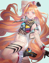  aikatsu!_(series) aikatsu_planet! black_footwear black_gloves blue_background boots breasts clenched_hand female gloves high_heel_boots high_heels highres itoi_sala jacket long_hair looking_at_viewer multicolored_hair murakami_hisashi orange_eyes orange_hair pants purple_hair sala_(aikatsu_planet!) small_breasts smile solo streaked_hair very_long_hair white_jacket white_pants 