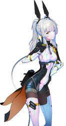  absurdres breasts closed_mouth female guratan headgear highres karenina:_scire_(punishing:_gray_raven) karenina_(punishing:_gray_raven) long_hair mechanical_arms mechanical_legs one_eye_closed orange_eyes punishing:_gray_raven sideboob sidelocks simple_background solo twintails two_side_up v white_background 