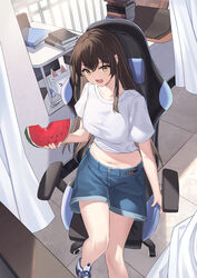  absurdres angel_no_shousou blue_shorts breasts brown_hair chair crop_top denim denim_shorts female food from_above fruit gaming_chair highres indoors long_hair looking_at_viewer medium_breasts midriff navel open_mouth original shirt shoes short_sleeves shorts sitting smile sneakers solo stomach swivel_chair watermelon white_shirt yellow_eyes 