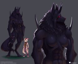  2023 abs anthro black_body black_fur bottomwear breasts canid canine canis claws clothed clothing crotch_tuft digitigrade doomthewolf duo featureless_crotch female fur hatred_(doomthewolf) hi_res horn kobold larger_female loincloth loincloth_only male male/female mammal muscular muscular_anthro muscular_female mythological_canine mythological_creature mythology neck_tuft nude partially_clothed red_eyes scales scalie simple_background size_difference smaller_male topless tuft were werecanid werecanine werewolf white_body white_scales wolf 