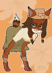  accessory anthro ass bent_legs bent_over biped blue_eyes bobcat boots bottomwear bow_(feature) bow_accessory bow_ribbon breasts brown_body brown_fur brown_hair cheek_tuft claws clothed clothing digital_media_(artwork) facial_tuft fangs felid feline female fingers footwear fur green_bottomwear green_clothing green_skirt hair hair_accessory hands_on_knees hands_on_legs hands_on_own_knees hands_on_own_legs hat headgear headwear hi_res holding_both_knees holding_both_legs hunnylilbunny inner_ear_fluff looking_at_viewer lynx mammal pink_nose ribbons shirt skirt smile socks solo teeth topwear tuft twintails white_body white_clothing white_fur white_shirt white_topwear 